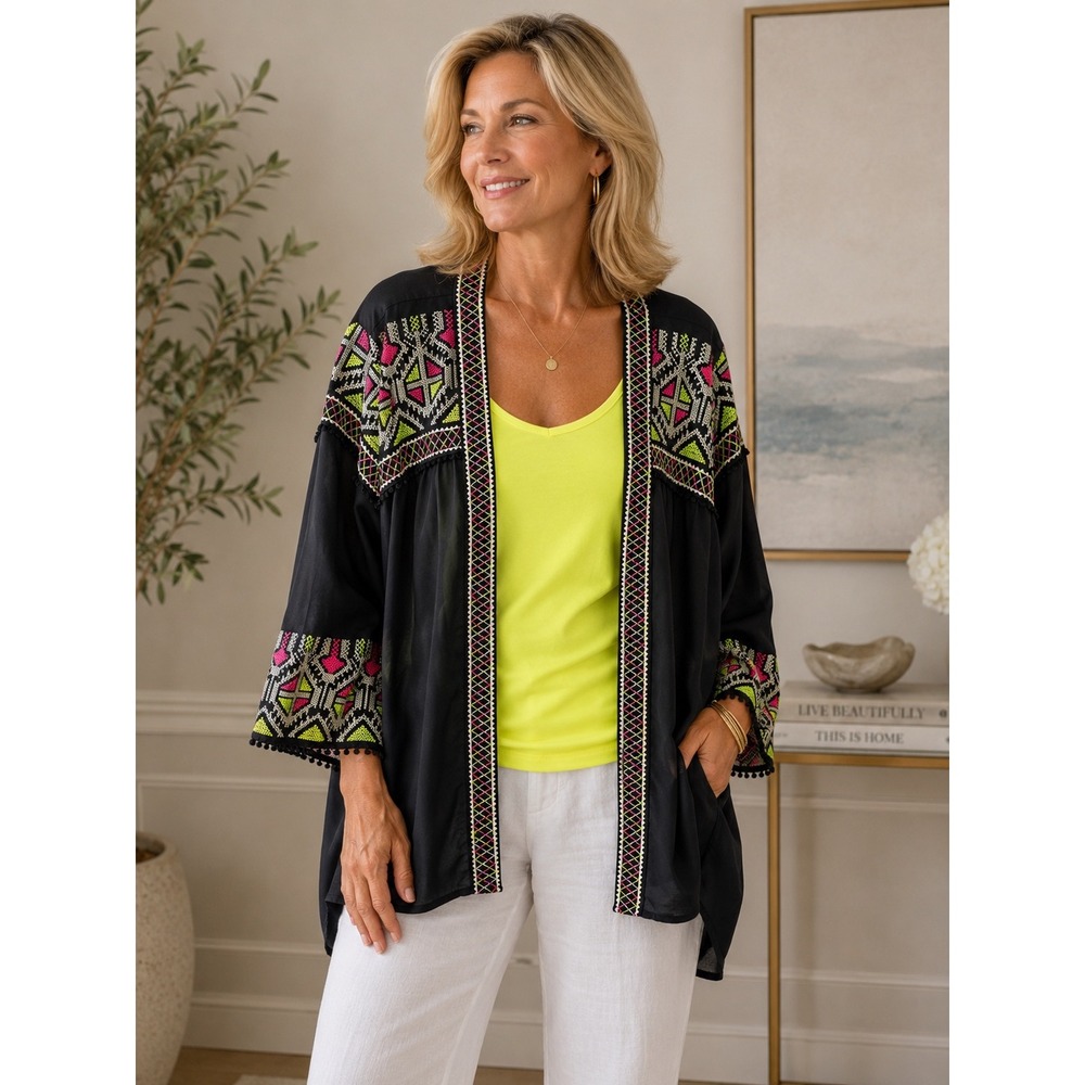 Embroidered Kimono Women 2X Plus Size Black Neon Boho Festival Cardigan 6IT1260